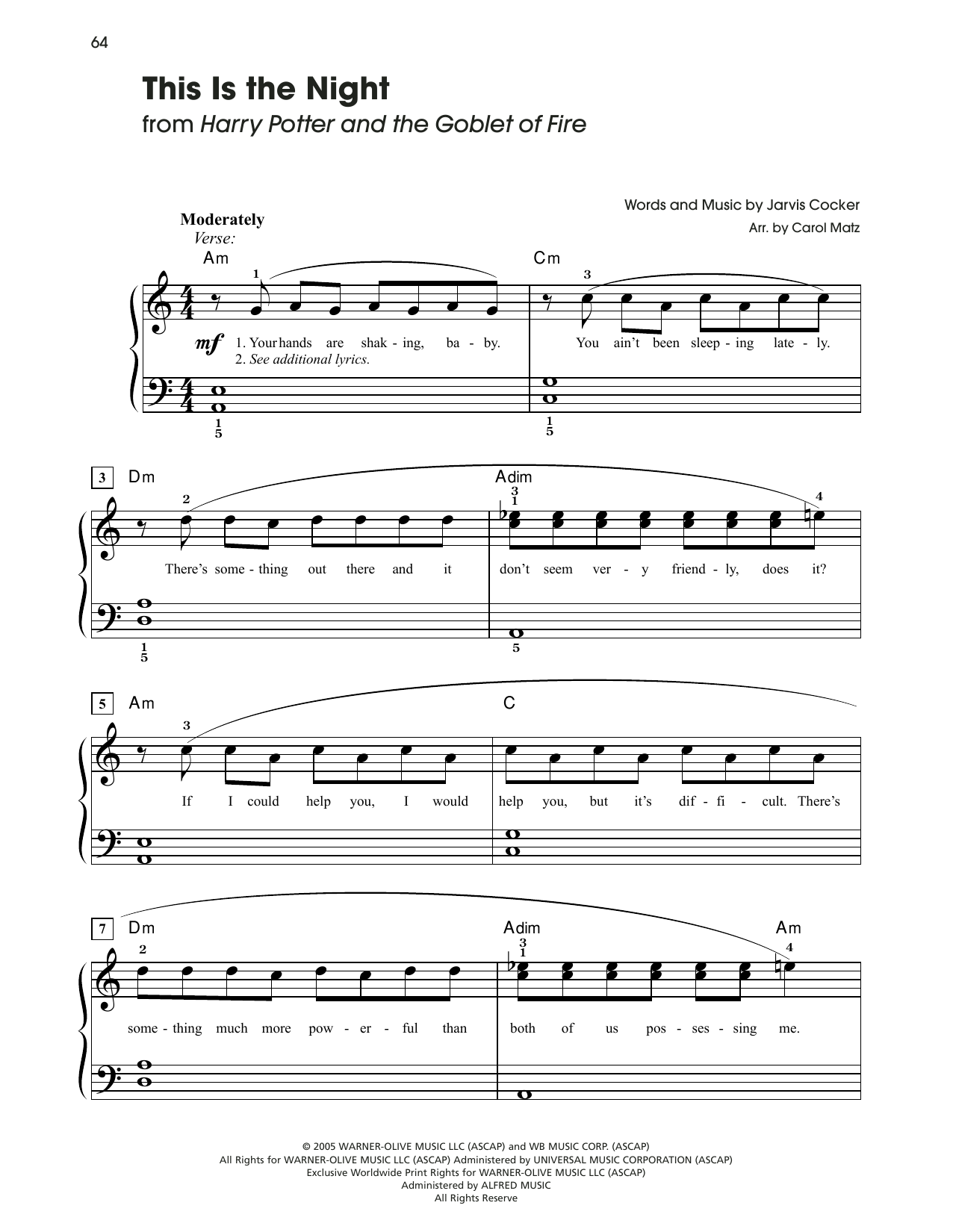 Learn to play Jarvis Cocker This Is The Night (from Harry Potter And The Goblet Of Fire) (arr. Carol Matz) sheet music for Big Note Piano in minutes. Price: 6.9900$ Jarvis Cocker This Is The Night (from Harry Potter And The Goblet Of Fire) (arr. Carol Matz) sheet music notes and chords arranged for Big Note Piano