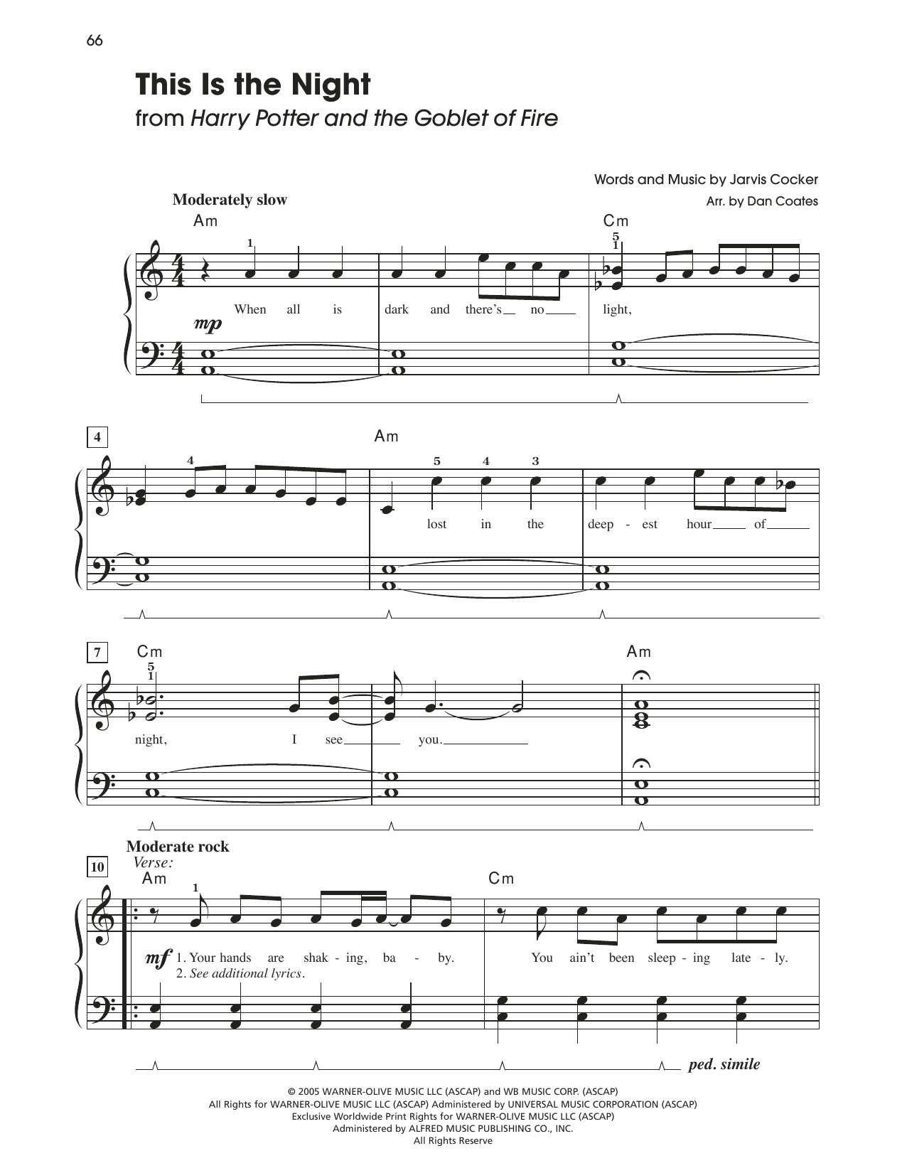 Learn to play Jarvis Cocker This Is The Night (from Harry Potter And The Goblet Of Fire) (arr. Dan Coates) sheet music for Easy Piano in minutes. Price: 6.9900$ Jarvis Cocker This Is The Night (from Harry Potter And The Goblet Of Fire) (arr. Dan Coates) sheet music notes and chords arranged for Easy Piano