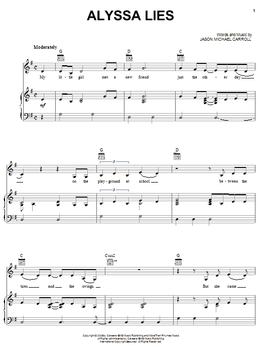 Jason Michael Carroll Alyssa Lies sheet music notes and chords. Download Printable PDF.