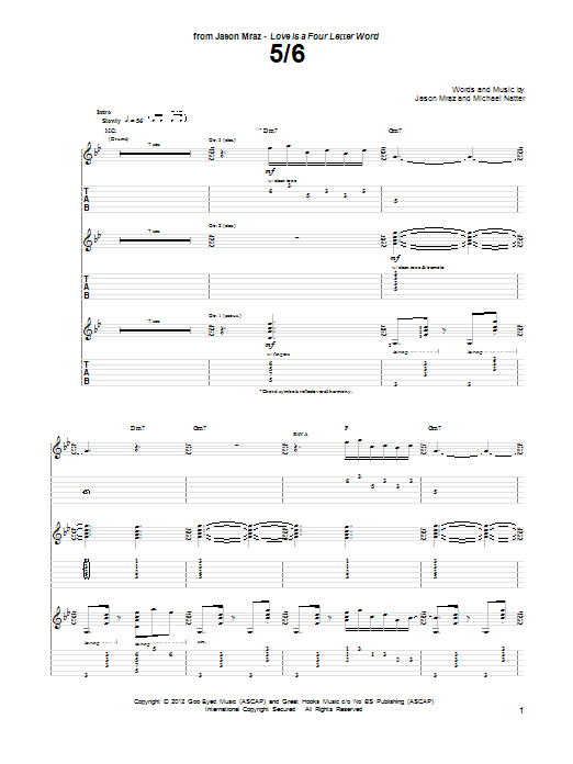 Jason Mraz 5/6 sheet music notes and chords. Download Printable PDF.