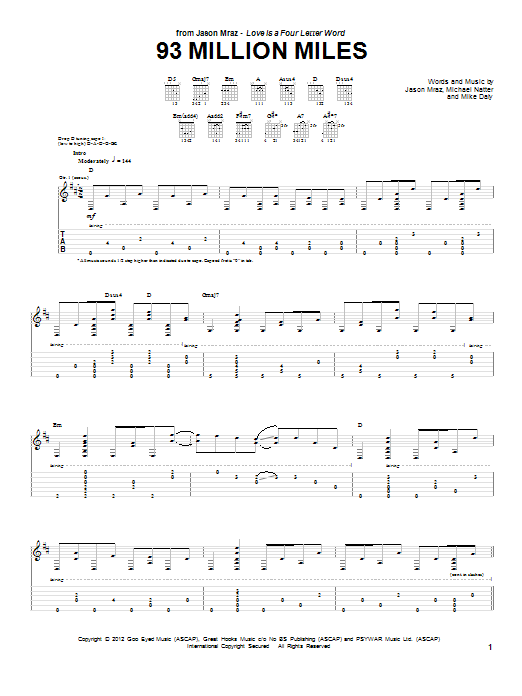 Learn to play Jason Mraz 93 Million Miles sheet music for Piano, Vocal & Guitar Chords (Right-Hand Melody) in minutes. Price: 7.8900$ Jason Mraz 93 Million Miles sheet music notes and chords arranged for Piano, Vocal & Guitar Chords (Right-Hand Melody)