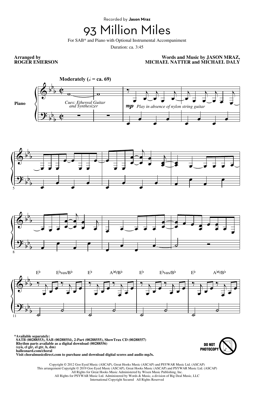 Learn to play Jason Mraz 93 Million Miles (arr. Roger Emerson) sheet music for SATB Choir in minutes. Price: 3.9900$ Jason Mraz 93 Million Miles (arr. Roger Emerson) sheet music notes and chords arranged for SATB Choir