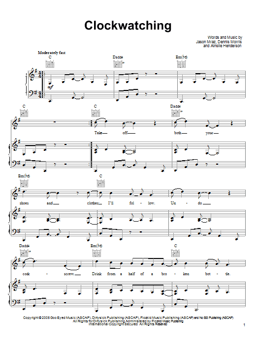 Jason Mraz Clockwatching sheet music notes and chords. Download Printable PDF.