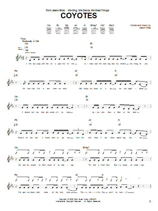 Jason Mraz Coyotes sheet music notes and chords. Download Printable PDF.