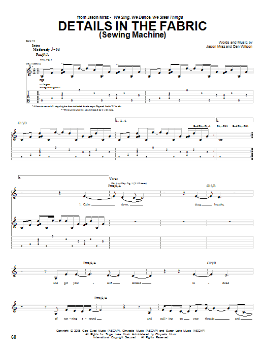 Learn to play Jason Mraz Details In The Fabric (Sewing Machine) sheet music for Piano, Vocal & Guitar Chords (Right-Hand Melody) in minutes. Price: 7.8900$ Jason Mraz Details In The Fabric (Sewing Machine) sheet music notes and chords arranged for Piano, Vocal & Guitar Chords (Right-Hand Melody)