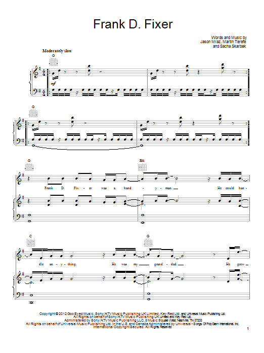 Jason Mraz Frank D. Fixer sheet music notes and chords. Download Printable PDF.