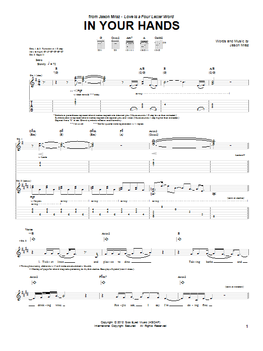 Jason Mraz In Your Hands sheet music notes and chords. Download Printable PDF.