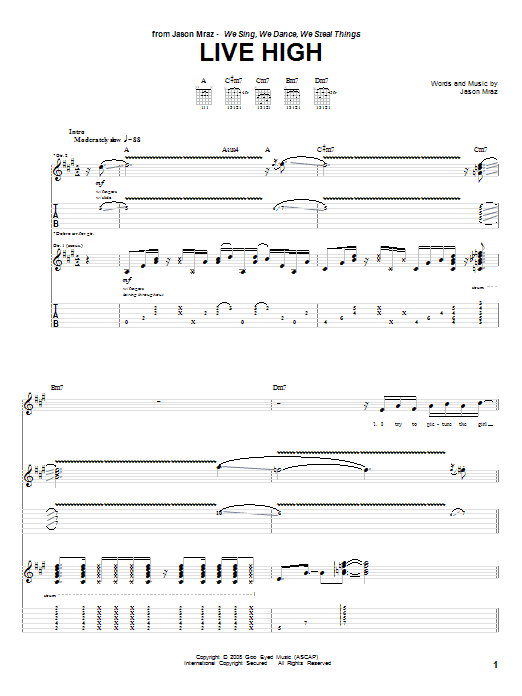 Jason Mraz Live High sheet music notes and chords. Download Printable PDF.