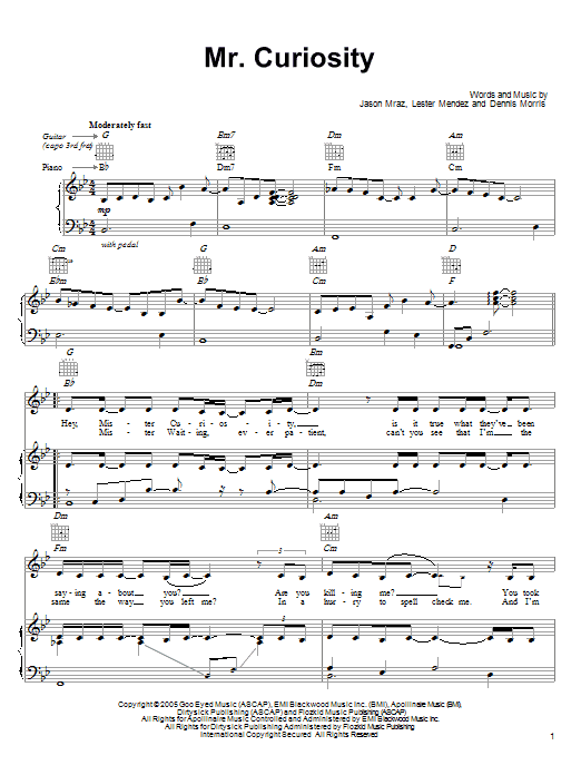 Jason Mraz Mr. Curiosity sheet music notes and chords. Download Printable PDF.