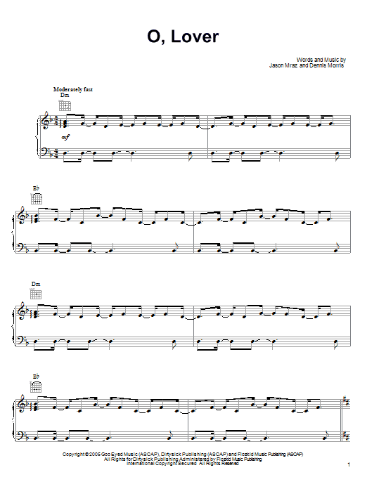 Jason Mraz O, Lover sheet music notes and chords. Download Printable PDF.