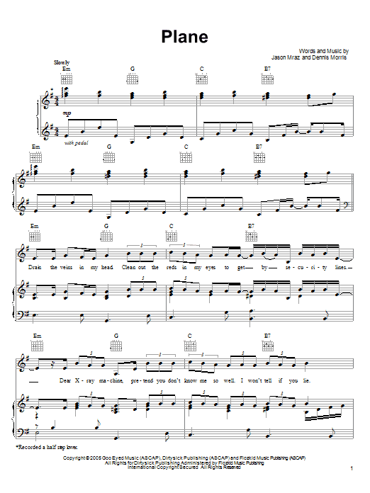 Jason Mraz Plane sheet music notes and chords. Download Printable PDF.