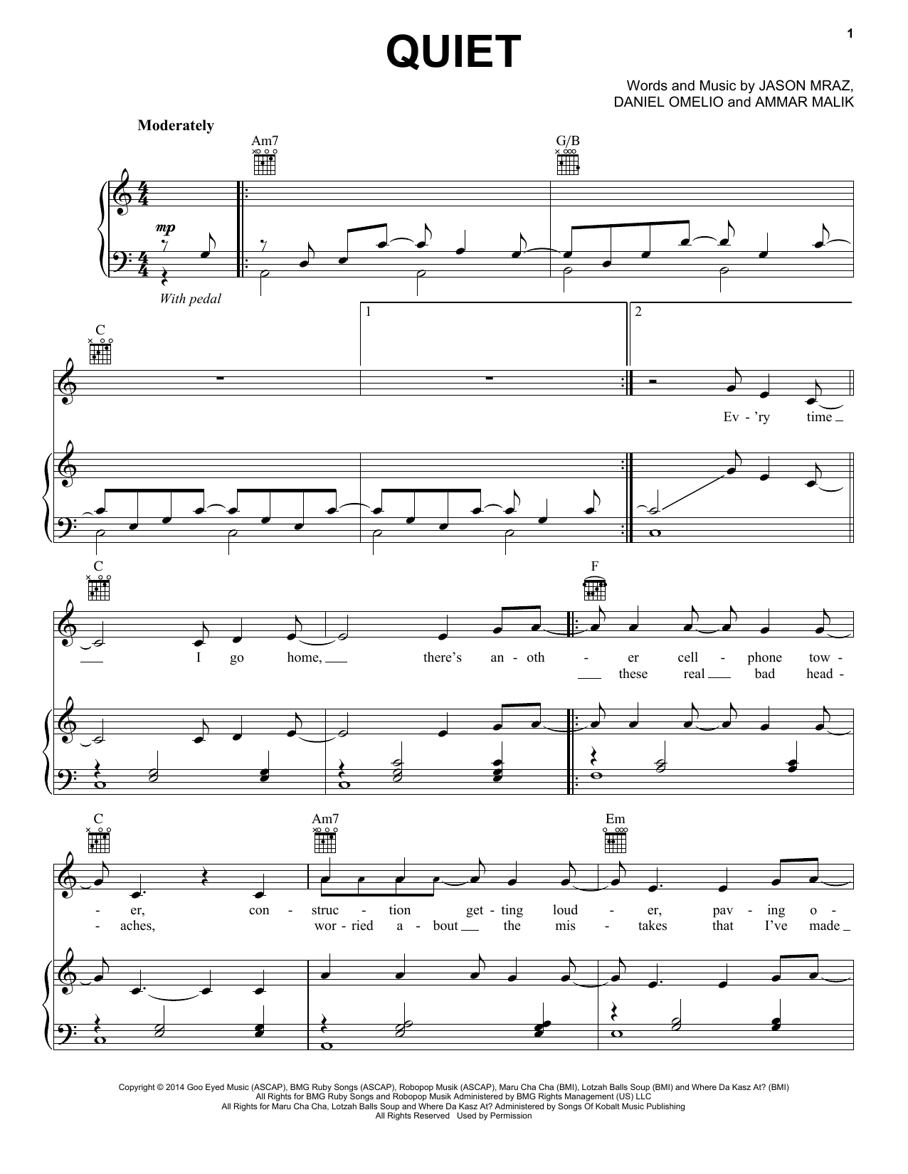 Jason Mraz Quiet sheet music notes and chords. Download Printable PDF.