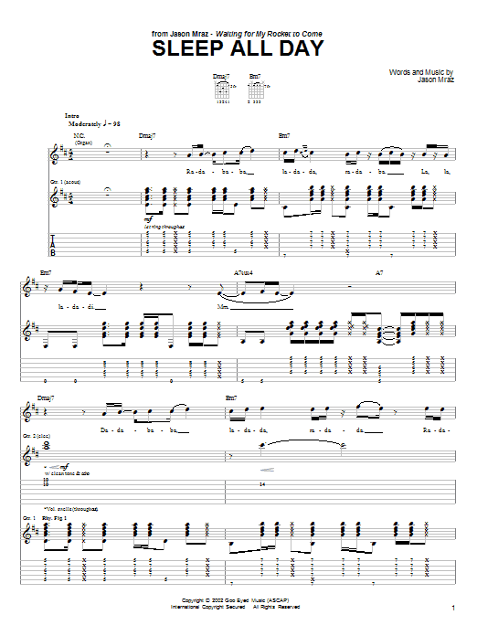 Jason Mraz Sleep All Day sheet music notes and chords. Download Printable PDF.