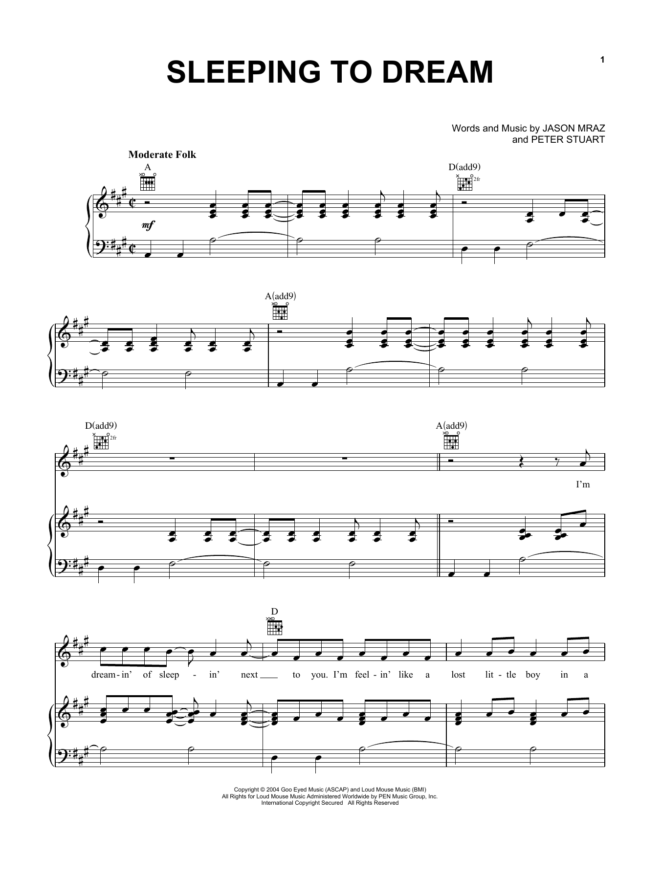 Jason Mraz Sleeping To Dream sheet music notes and chords. Download Printable PDF.