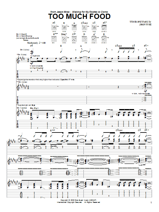 Jason Mraz Too Much Food sheet music notes and chords. Download Printable PDF.