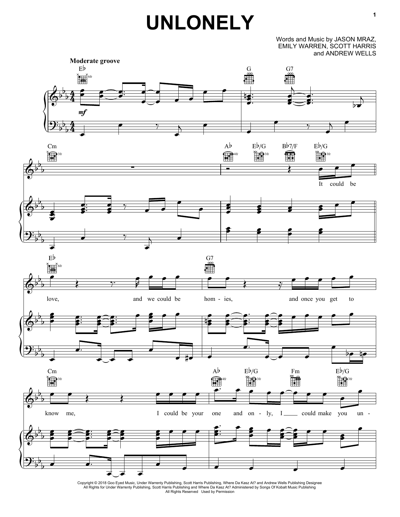 Learn to play Jason Mraz Unlonely sheet music for Piano, Vocal & Guitar Chords (Right-Hand Melody) in minutes. Price: 7.8900$ Jason Mraz Unlonely sheet music notes and chords arranged for Piano, Vocal & Guitar Chords (Right-Hand Melody)