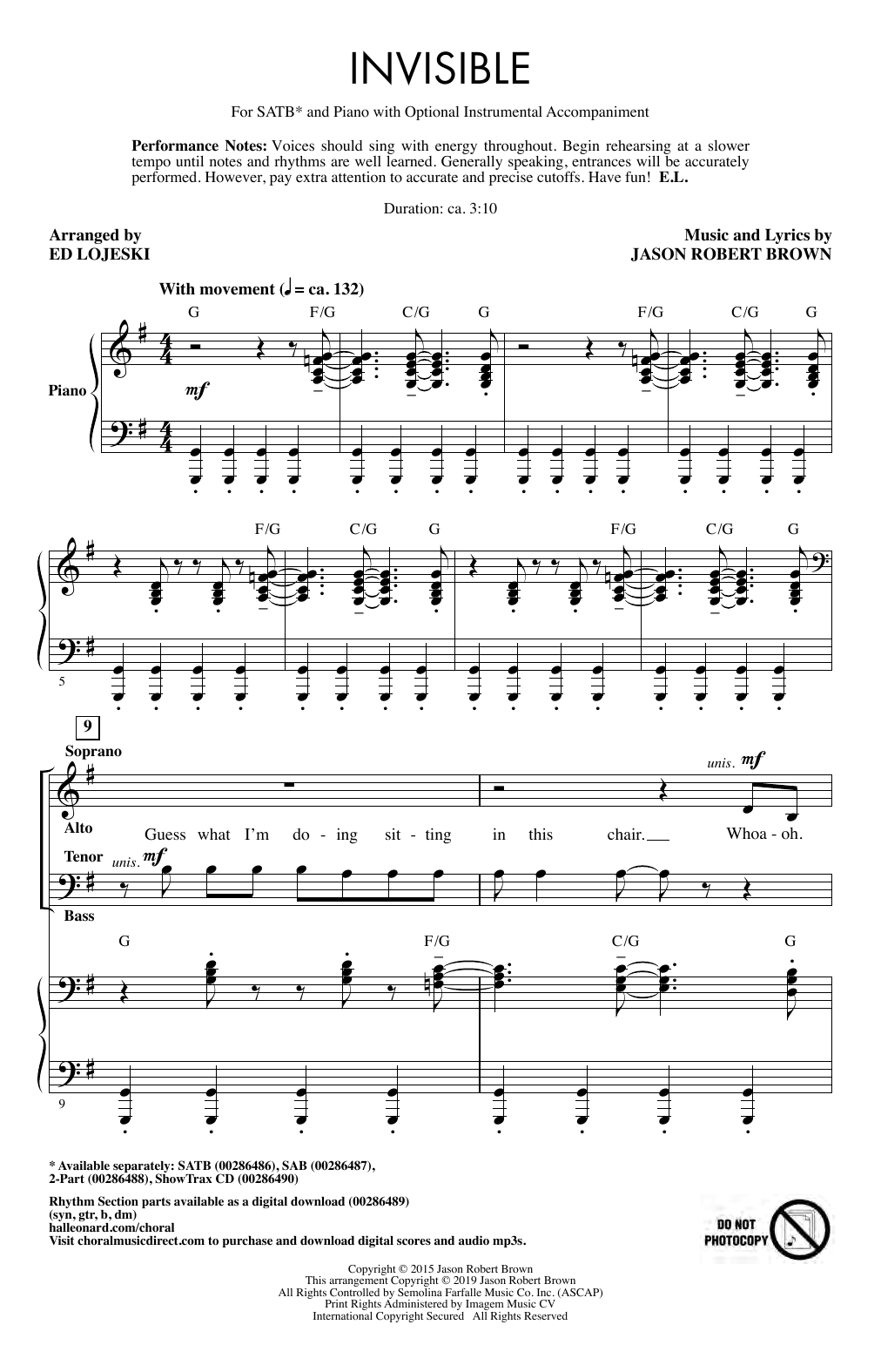 Learn to play Jason Robert Brown Invisible (arr. Ed Lojeski) sheet music for SATB Choir in minutes. Price: 3.9900$ Jason Robert Brown Invisible (arr. Ed Lojeski) sheet music notes and chords arranged for SATB Choir