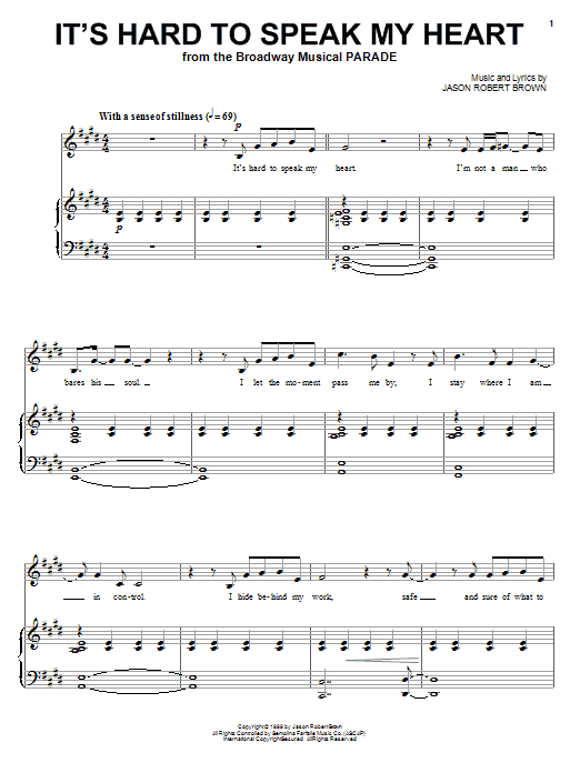 Jason Robert Brown It S Hard To Speak My Heart From Parade Sheet Music Pdf Notes Chords Musical Show Score Piano Vocal Download Printable Sku 72793
