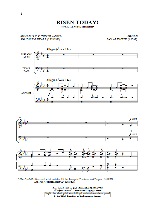 Jay Althouse Risen Today! sheet music notes and chords. Download Printable PDF.