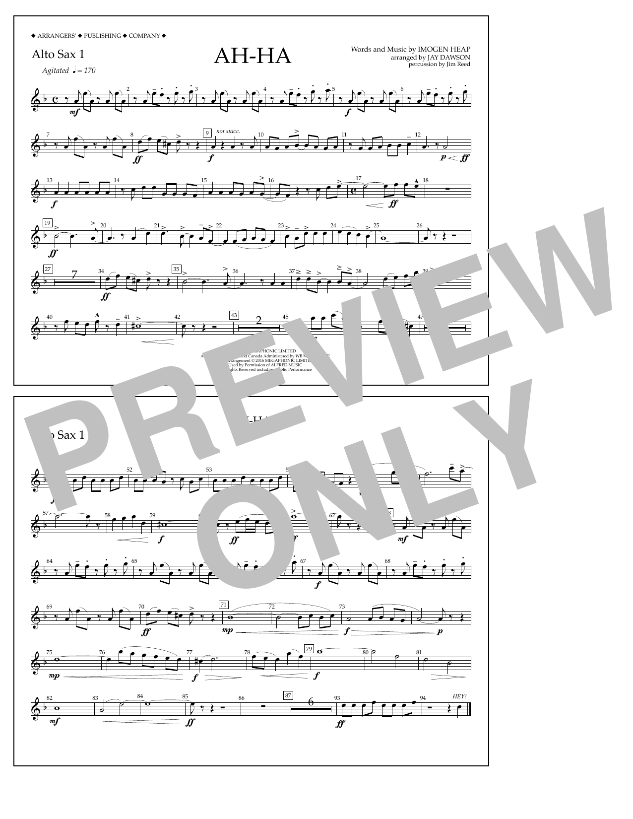 Learn to play Jay Dawson Ah-ha - Alto Sax 1 sheet music for Marching Band in minutes. Price: 7.8900$ Jay Dawson Ah-ha - Alto Sax 1 sheet music notes and chords arranged for Marching Band