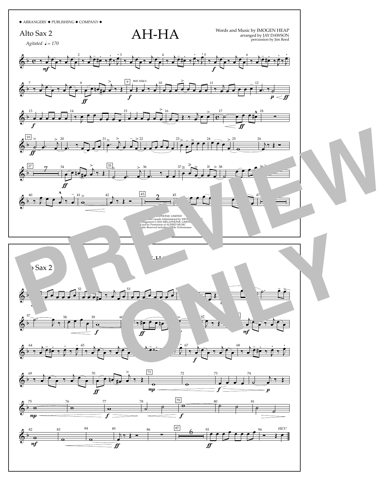 Learn to play Jay Dawson Ah-ha - Alto Sax 2 sheet music for Marching Band in minutes. Price: 7.8900$ Jay Dawson Ah-ha - Alto Sax 2 sheet music notes and chords arranged for Marching Band