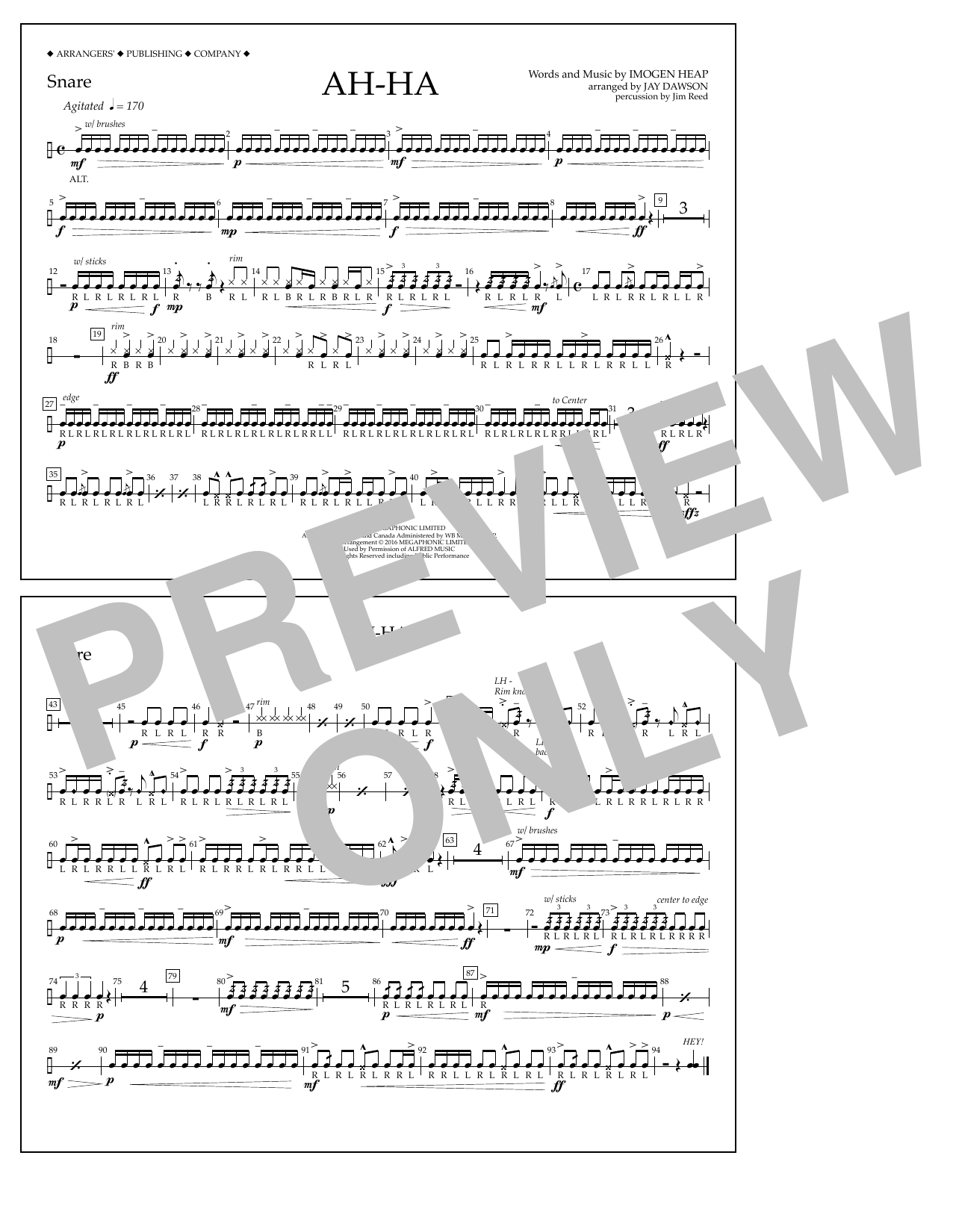 Jay Dawson Ah-ha - Snare sheet music notes and chords. Download Printable PDF.