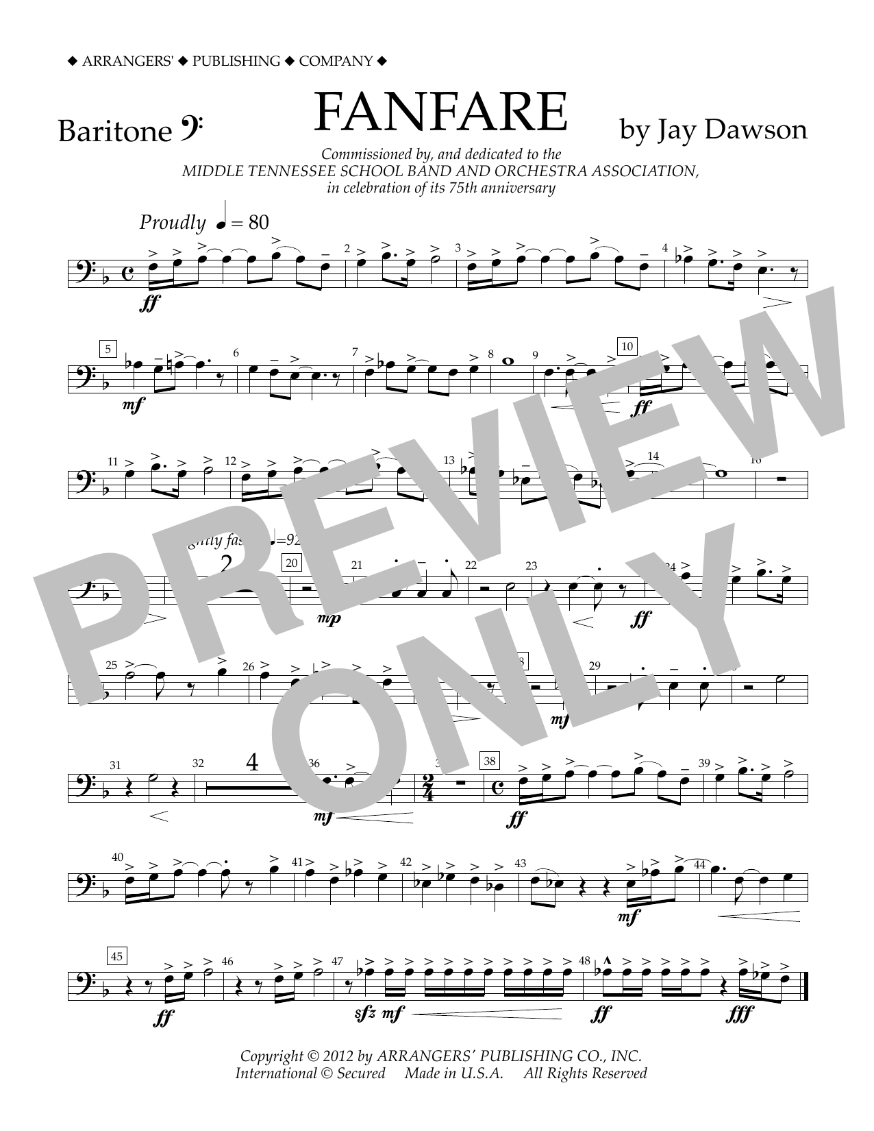 Learn to play Jay Dawson Fanfare - Baritone B.C. sheet music for Concert Band in minutes. Price: 5.9900$ Jay Dawson Fanfare - Baritone B.C. sheet music notes and chords arranged for Concert Band