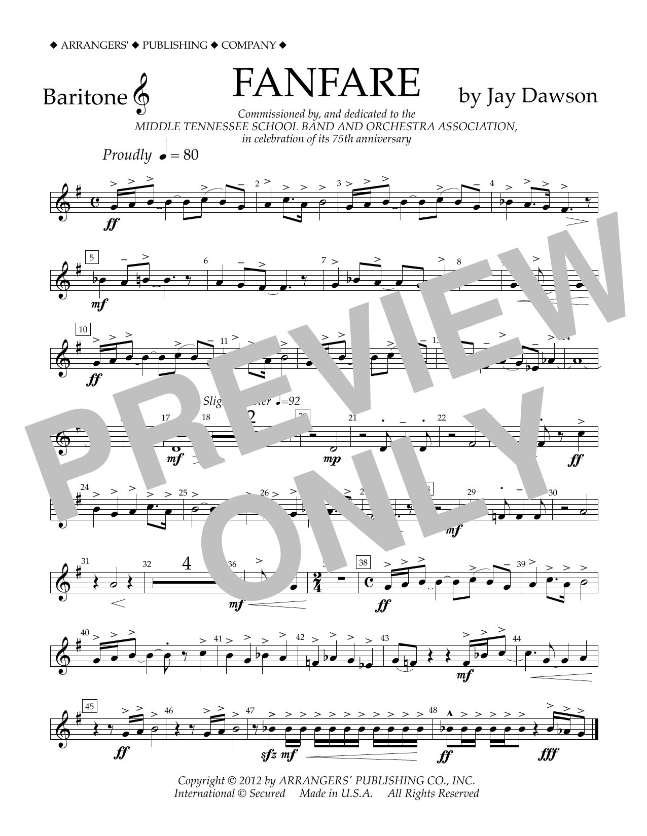 Learn to play Jay Dawson Fanfare - Baritone T.C. sheet music for Concert Band in minutes. Price: 5.9900$ Jay Dawson Fanfare - Baritone T.C. sheet music notes and chords arranged for Concert Band
