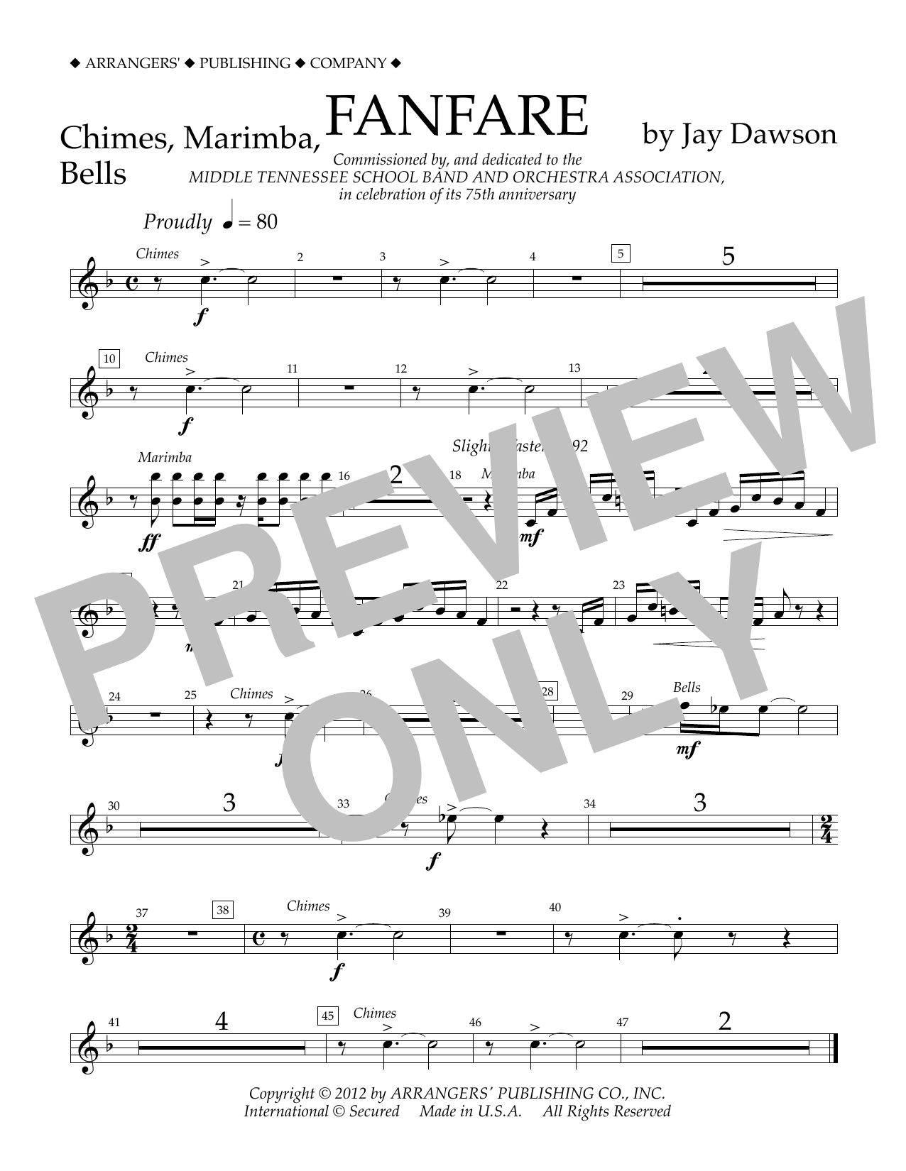 Learn to play Jay Dawson Fanfare - Chimes, Marimba, Bells sheet music for Concert Band in minutes. Price: 5.9900$ Jay Dawson Fanfare - Chimes, Marimba, Bells sheet music notes and chords arranged for Concert Band