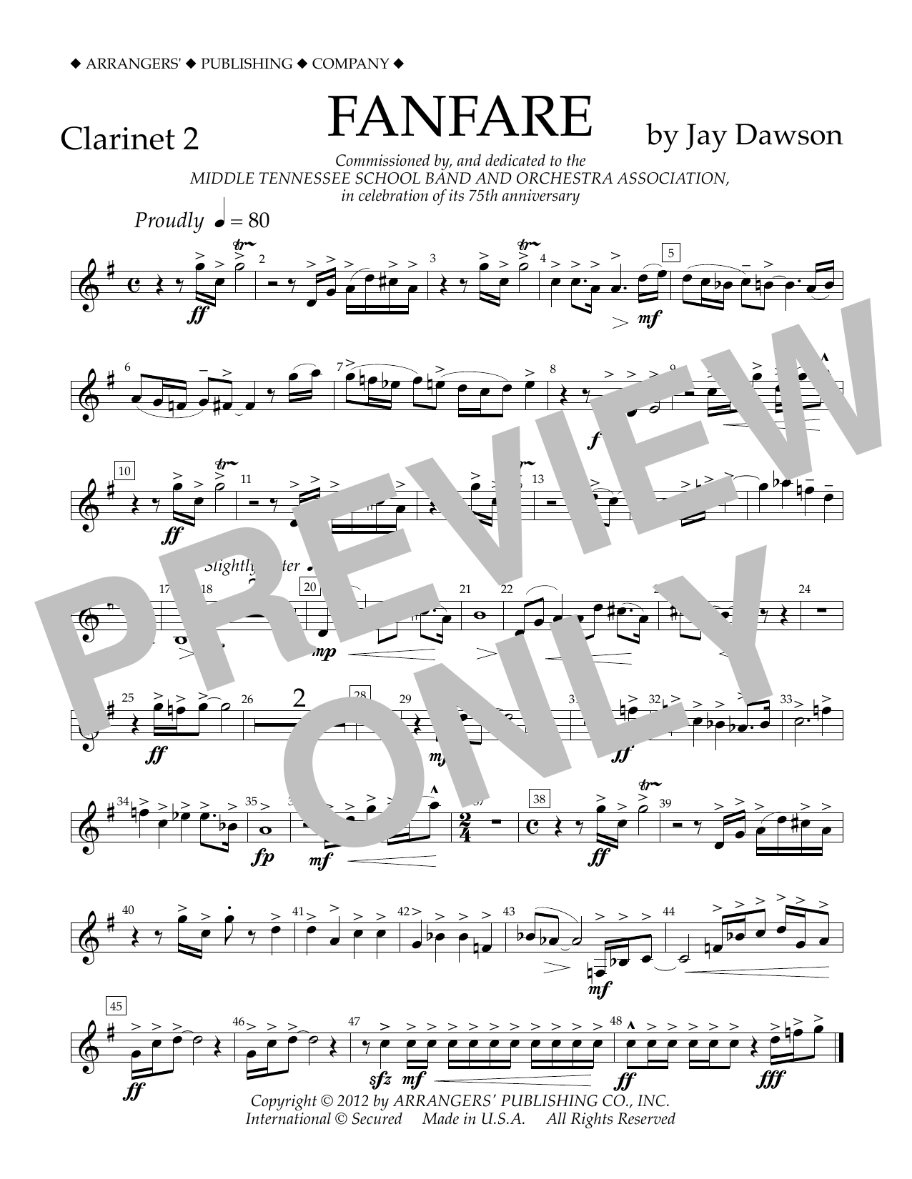 Learn to play Jay Dawson Fanfare - Clarinet 2 sheet music for Concert Band in minutes. Price: 5.9900$ Jay Dawson Fanfare - Clarinet 2 sheet music notes and chords arranged for Concert Band