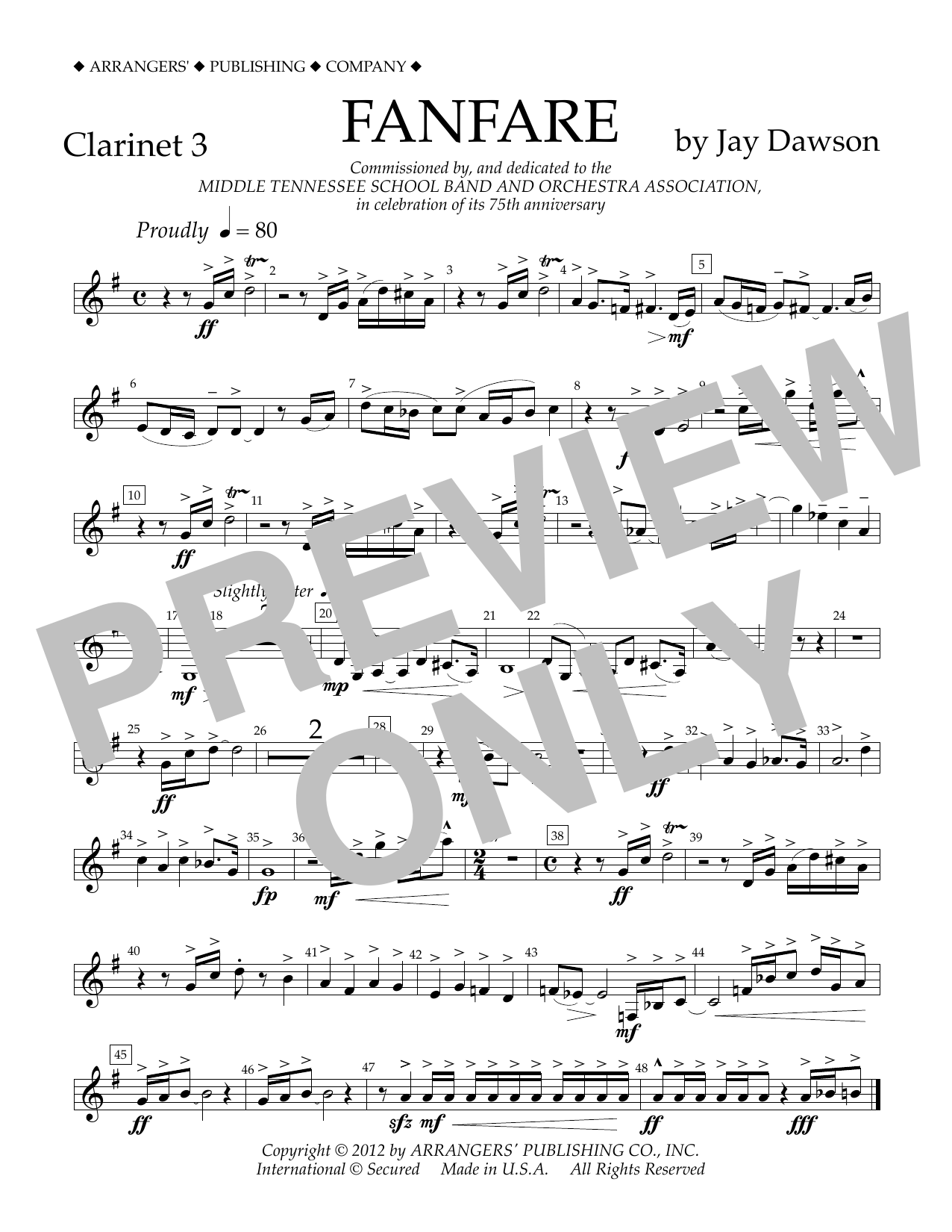 Learn to play Jay Dawson Fanfare - Clarinet 3 sheet music for Concert Band in minutes. Price: 5.9900$ Jay Dawson Fanfare - Clarinet 3 sheet music notes and chords arranged for Concert Band