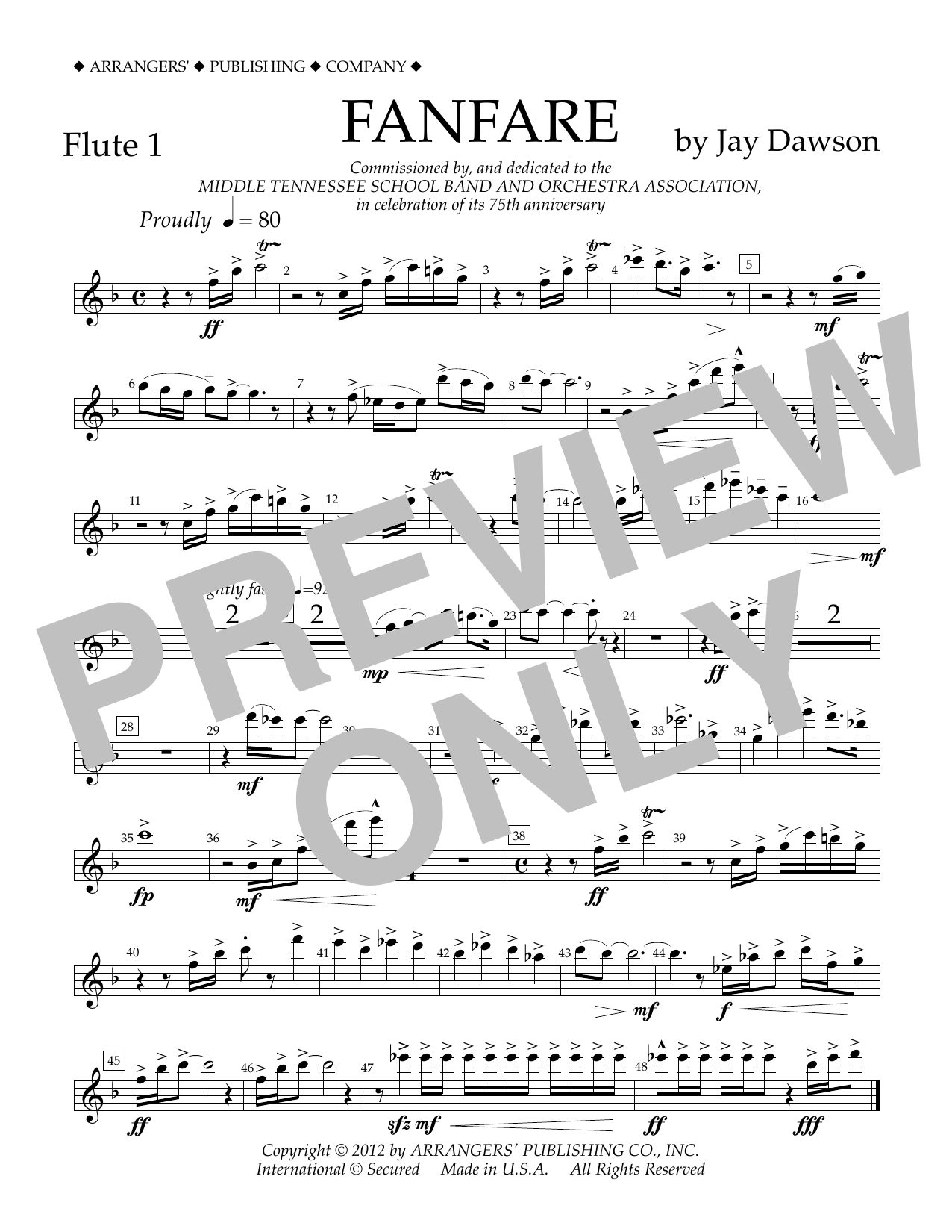 Learn to play Jay Dawson Fanfare - Flute 1 sheet music for Concert Band in minutes. Price: 5.9900$ Jay Dawson Fanfare - Flute 1 sheet music notes and chords arranged for Concert Band