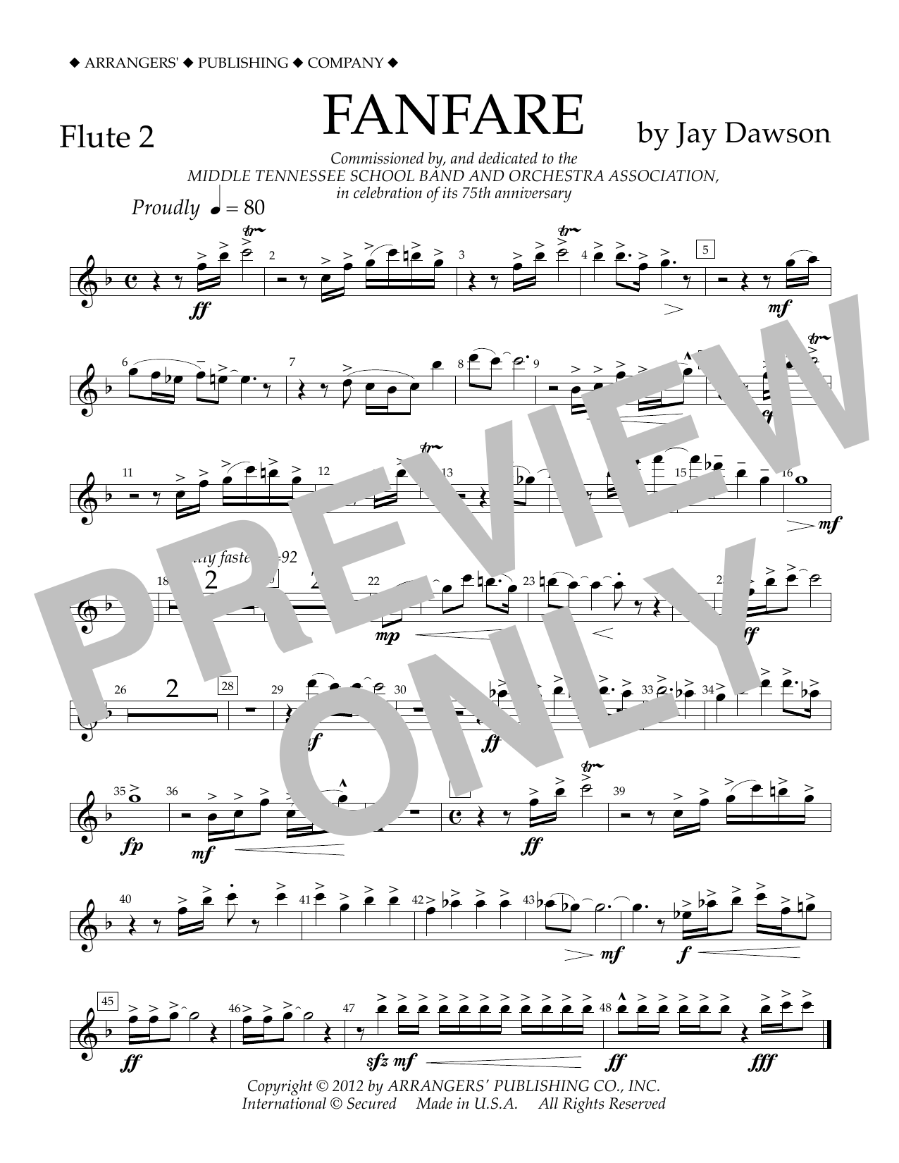 Learn to play Jay Dawson Fanfare - Flute 2 sheet music for Concert Band in minutes. Price: 5.9900$ Jay Dawson Fanfare - Flute 2 sheet music notes and chords arranged for Concert Band