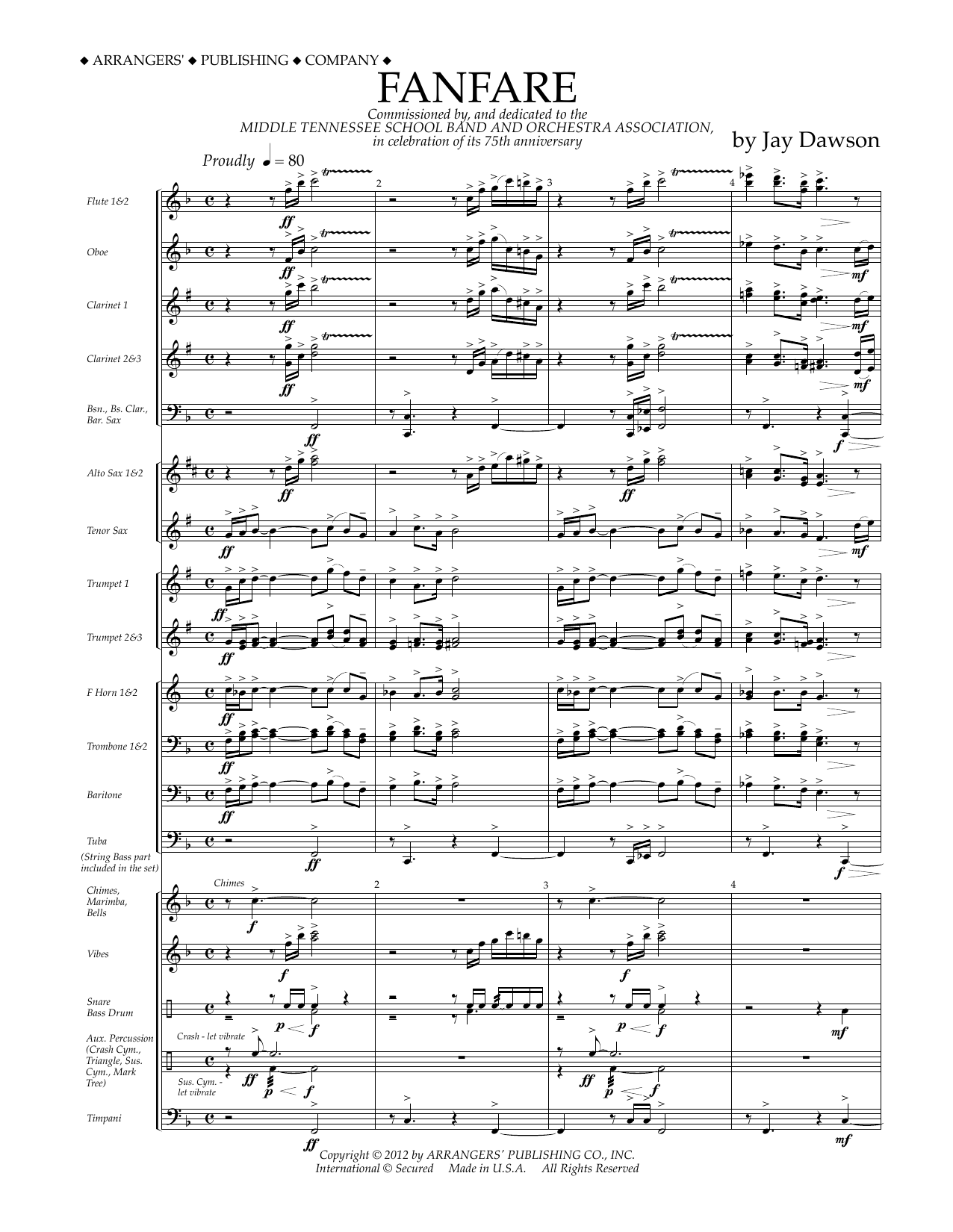 Learn to play Jay Dawson Fanfare - Full Score sheet music for Concert Band in minutes. Price: 11.9700$ Jay Dawson Fanfare - Full Score sheet music notes and chords arranged for Concert Band