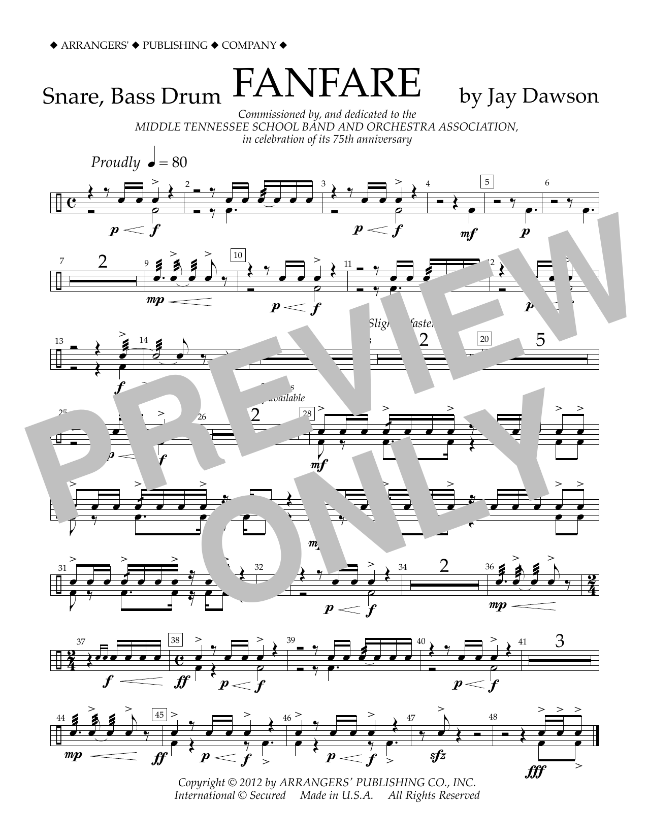 Learn to play Jay Dawson Fanfare - Snare, Bass Drum sheet music for Concert Band in minutes. Price: 5.9900$ Jay Dawson Fanfare - Snare, Bass Drum sheet music notes and chords arranged for Concert Band