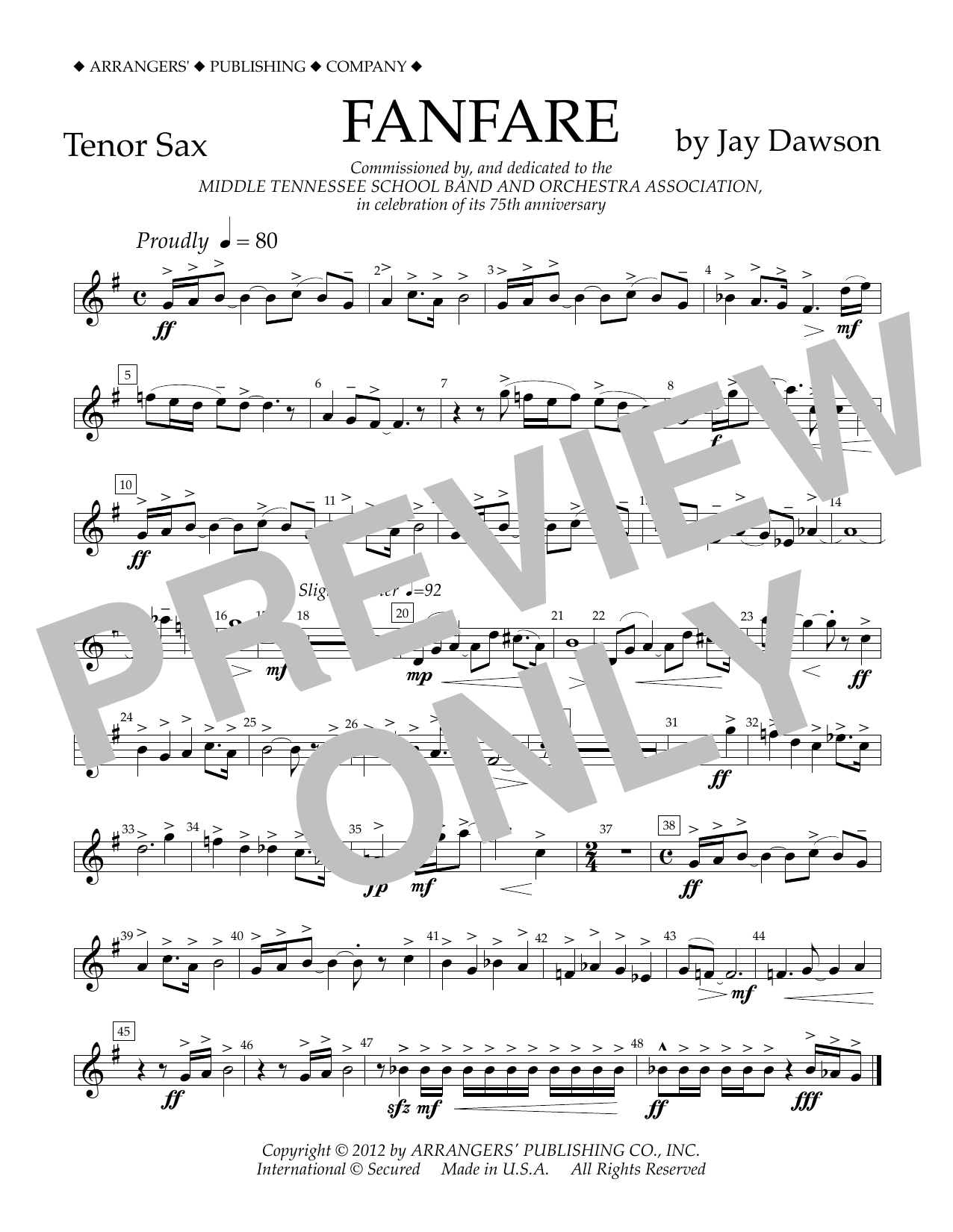 Learn to play Jay Dawson Fanfare - Tenor Sax sheet music for Concert Band in minutes. Price: 5.9900$ Jay Dawson Fanfare - Tenor Sax sheet music notes and chords arranged for Concert Band