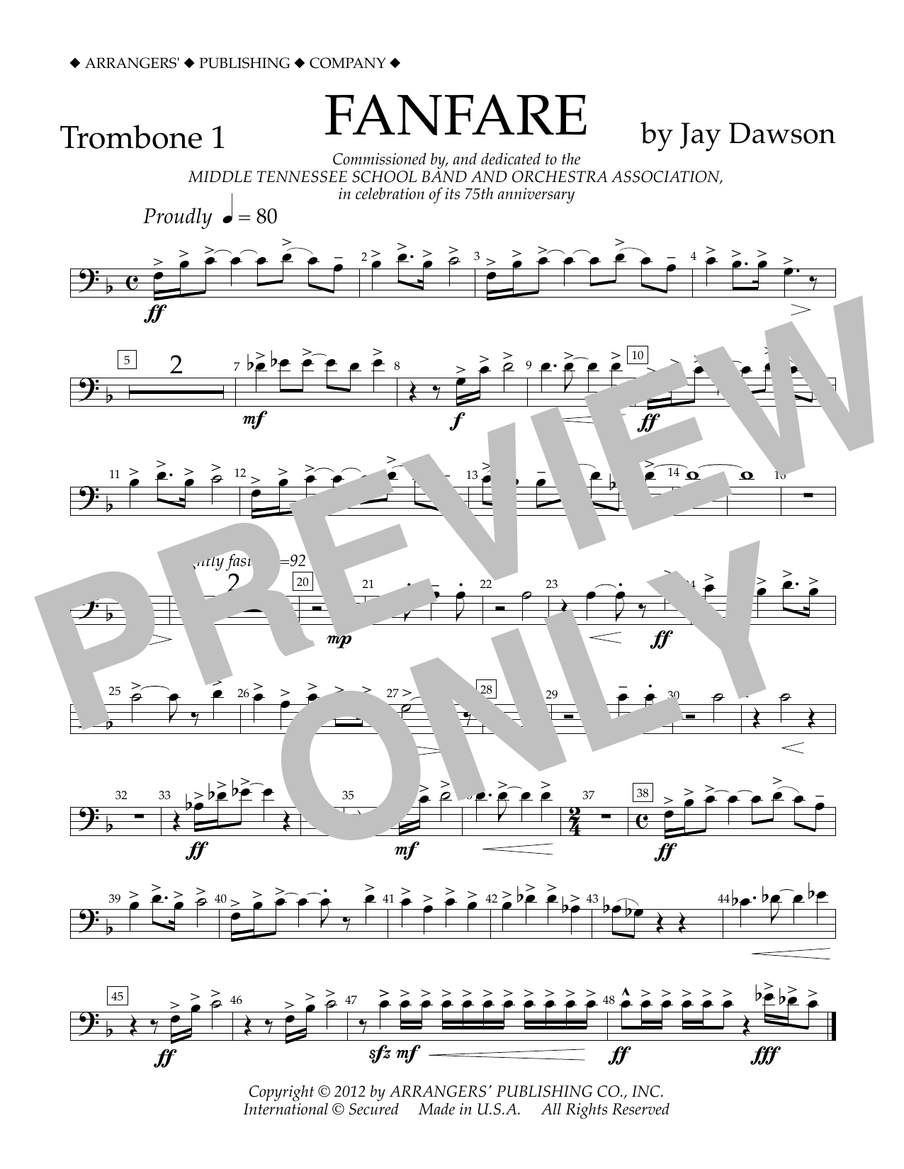 Learn to play Jay Dawson Fanfare - Trombone 1 sheet music for Concert Band in minutes. Price: 5.9900$ Jay Dawson Fanfare - Trombone 1 sheet music notes and chords arranged for Concert Band