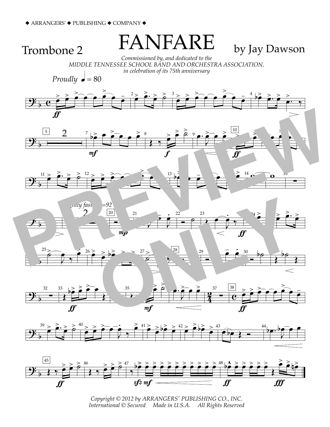 Learn to play Jay Dawson Fanfare - Trombone 2 sheet music for Concert Band in minutes. Price: 5.9900$ Jay Dawson Fanfare - Trombone 2 sheet music notes and chords arranged for Concert Band