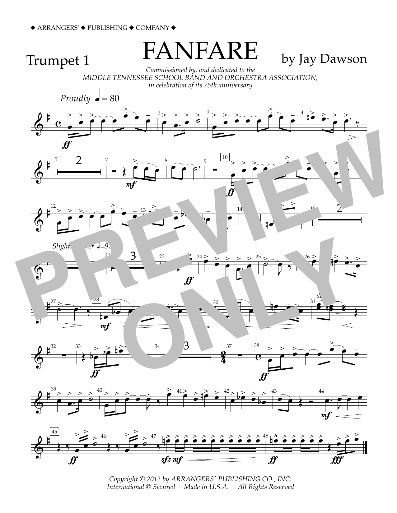 Learn to play Jay Dawson Fanfare - Trumpet 1 sheet music for Concert Band in minutes. Price: 5.9900$ Jay Dawson Fanfare - Trumpet 1 sheet music notes and chords arranged for Concert Band