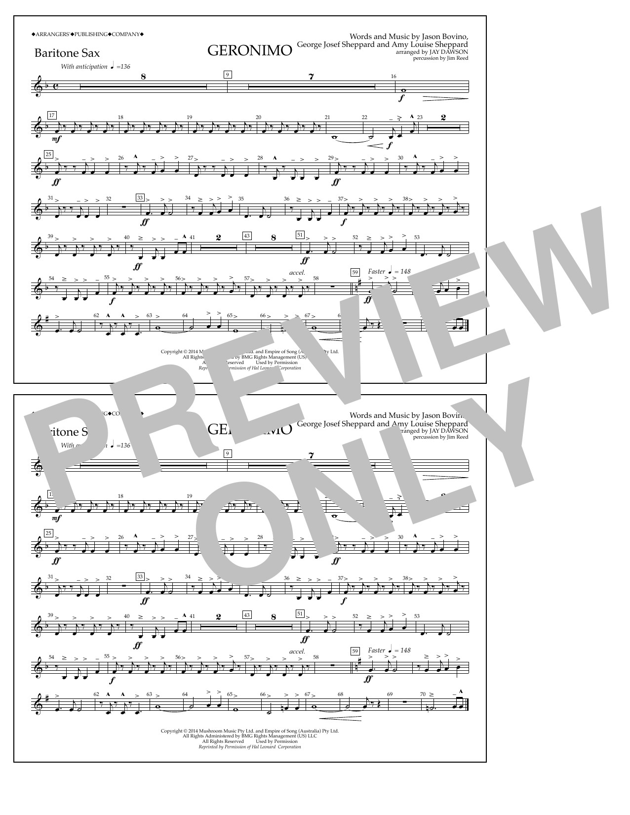 Learn to play Jay Dawson Geronimo - Baritone Sax sheet music for Marching Band in minutes. Price: 7.8900$ Jay Dawson Geronimo - Baritone Sax sheet music notes and chords arranged for Marching Band