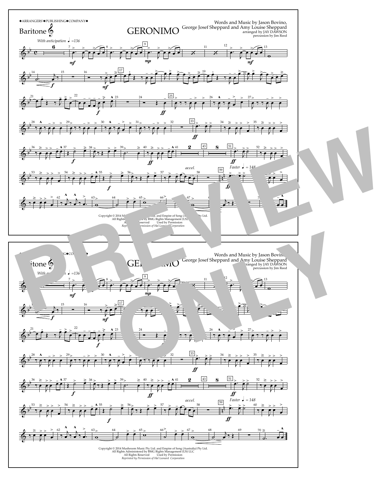 Learn to play Jay Dawson Geronimo - Baritone T.C. sheet music for Marching Band in minutes. Price: 7.8900$ Jay Dawson Geronimo - Baritone T.C. sheet music notes and chords arranged for Marching Band