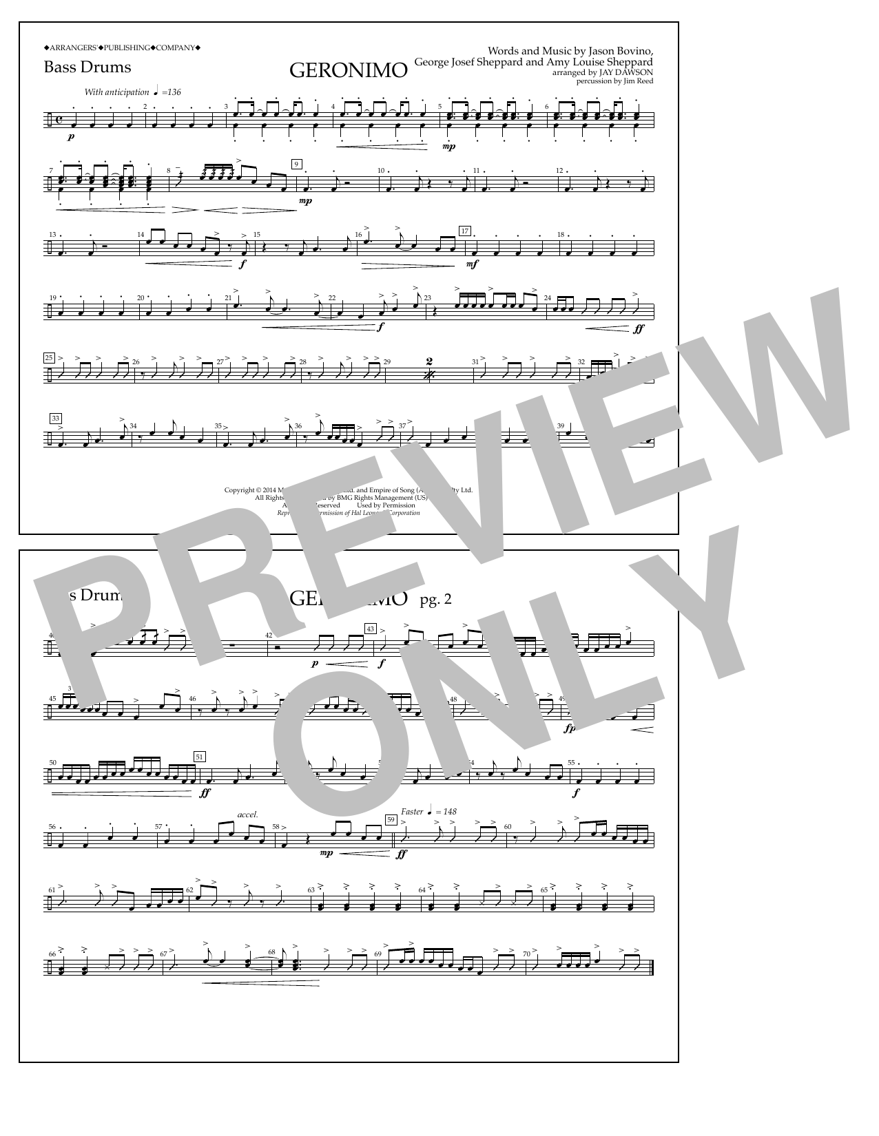 Learn to play Jay Dawson Geronimo - Bass Drums sheet music for Marching Band in minutes. Price: 7.8900$ Jay Dawson Geronimo - Bass Drums sheet music notes and chords arranged for Marching Band