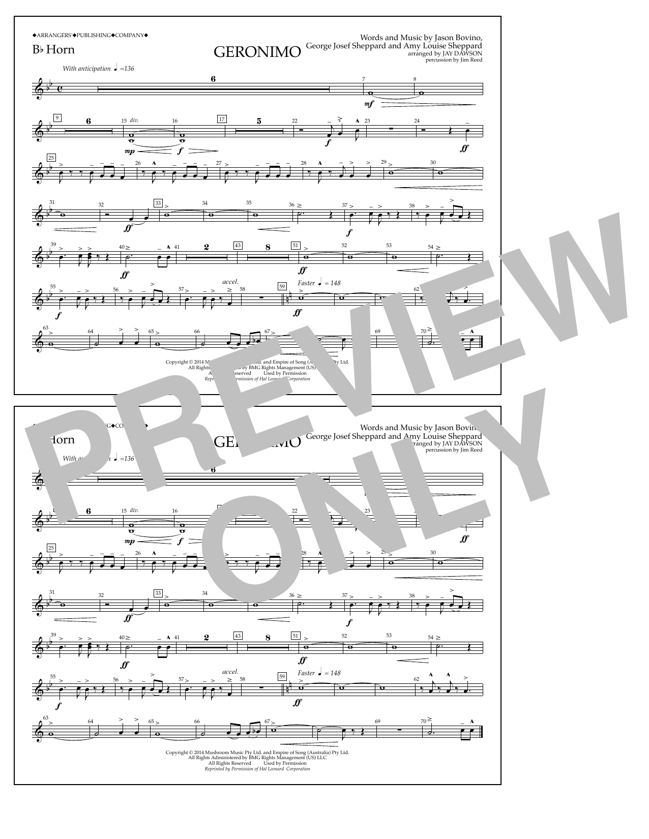 Learn to play Jay Dawson Geronimo - Bb Horn sheet music for Marching Band in minutes. Price: 7.8900$ Jay Dawson Geronimo - Bb Horn sheet music notes and chords arranged for Marching Band
