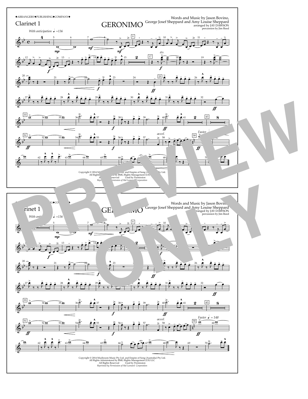 Learn to play Jay Dawson Geronimo - Clarinet 1 sheet music for Marching Band in minutes. Price: 7.8900$ Jay Dawson Geronimo - Clarinet 1 sheet music notes and chords arranged for Marching Band
