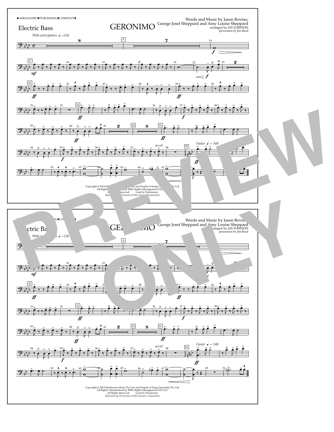 Learn to play Jay Dawson Geronimo - Electric Bass sheet music for Marching Band in minutes. Price: 7.8900$ Jay Dawson Geronimo - Electric Bass sheet music notes and chords arranged for Marching Band