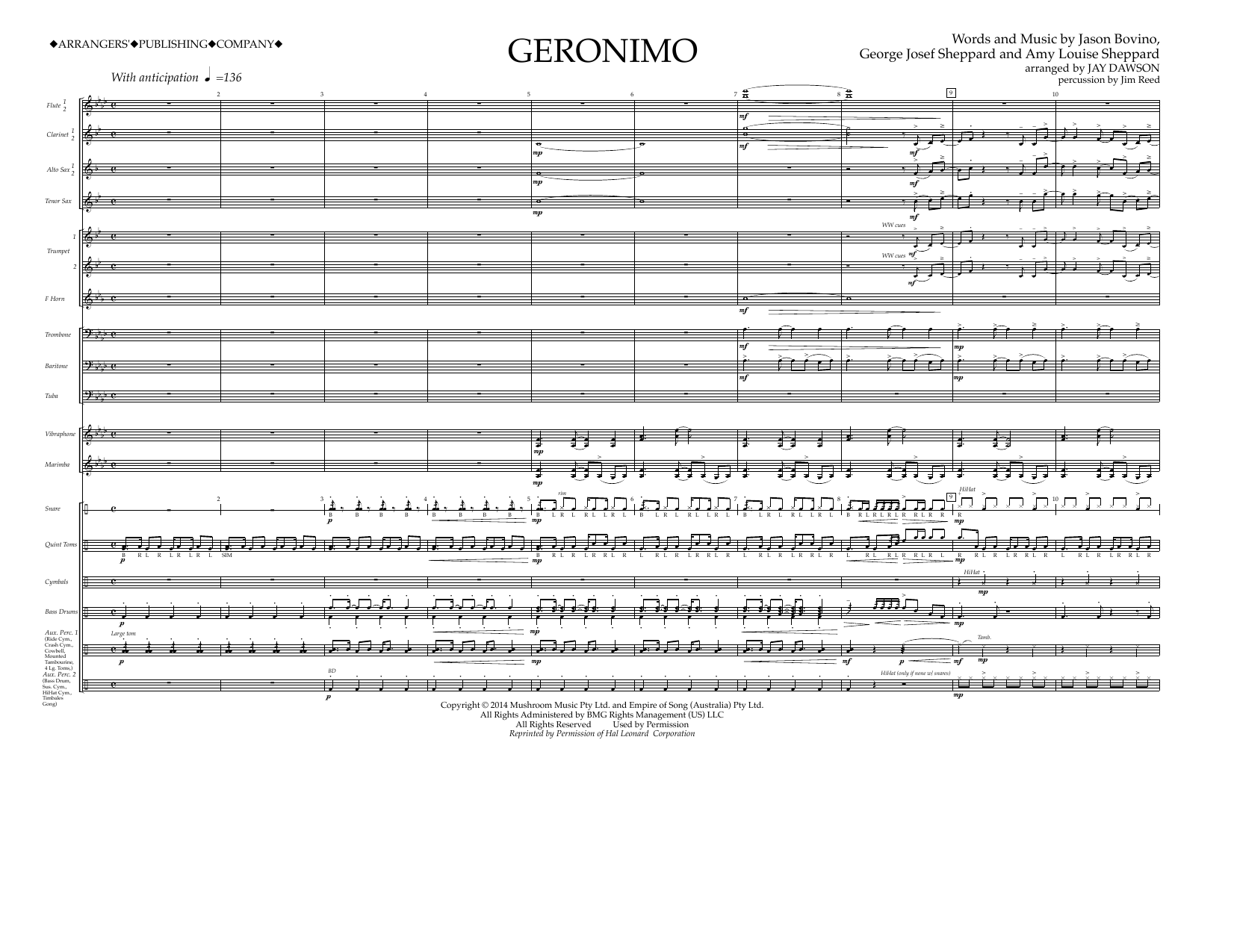 Learn to play Jay Dawson Geronimo - Full Score sheet music for Marching Band in minutes. Price: 11.9700$ Jay Dawson Geronimo - Full Score sheet music notes and chords arranged for Marching Band