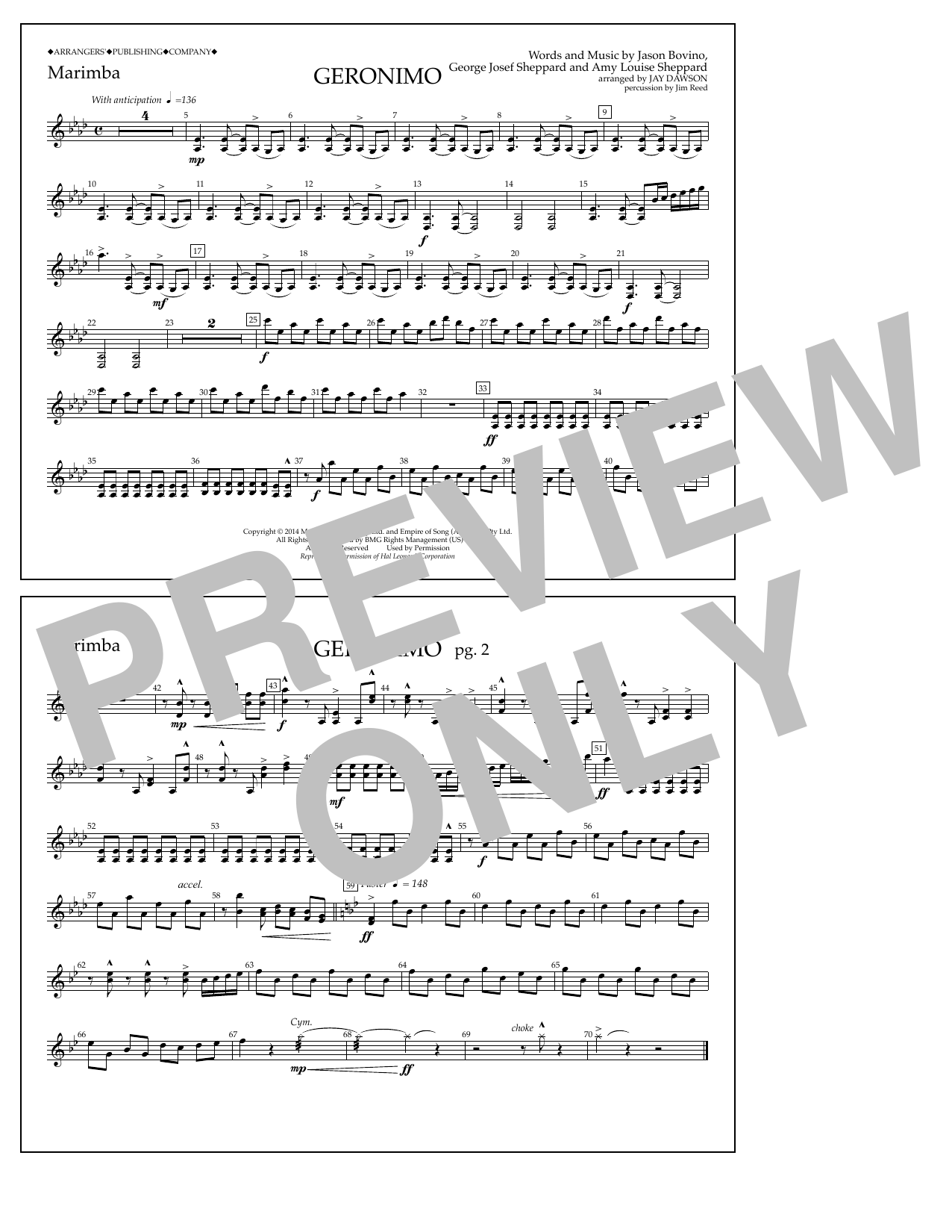 Jay Dawson Geronimo - Marimba sheet music notes and chords. Download Printable PDF.