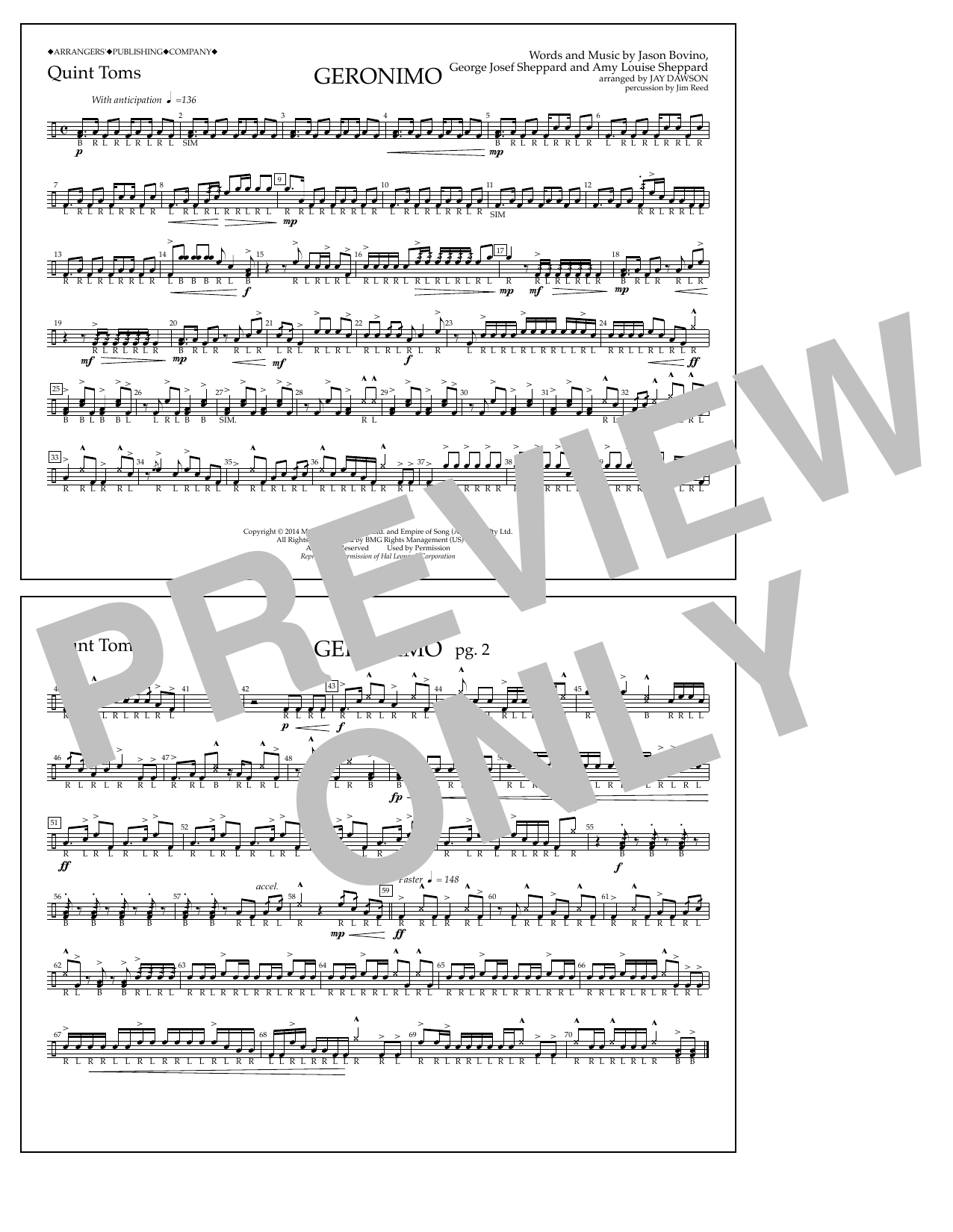 Jay Dawson Geronimo - Quint-Toms sheet music notes and chords. Download Printable PDF.