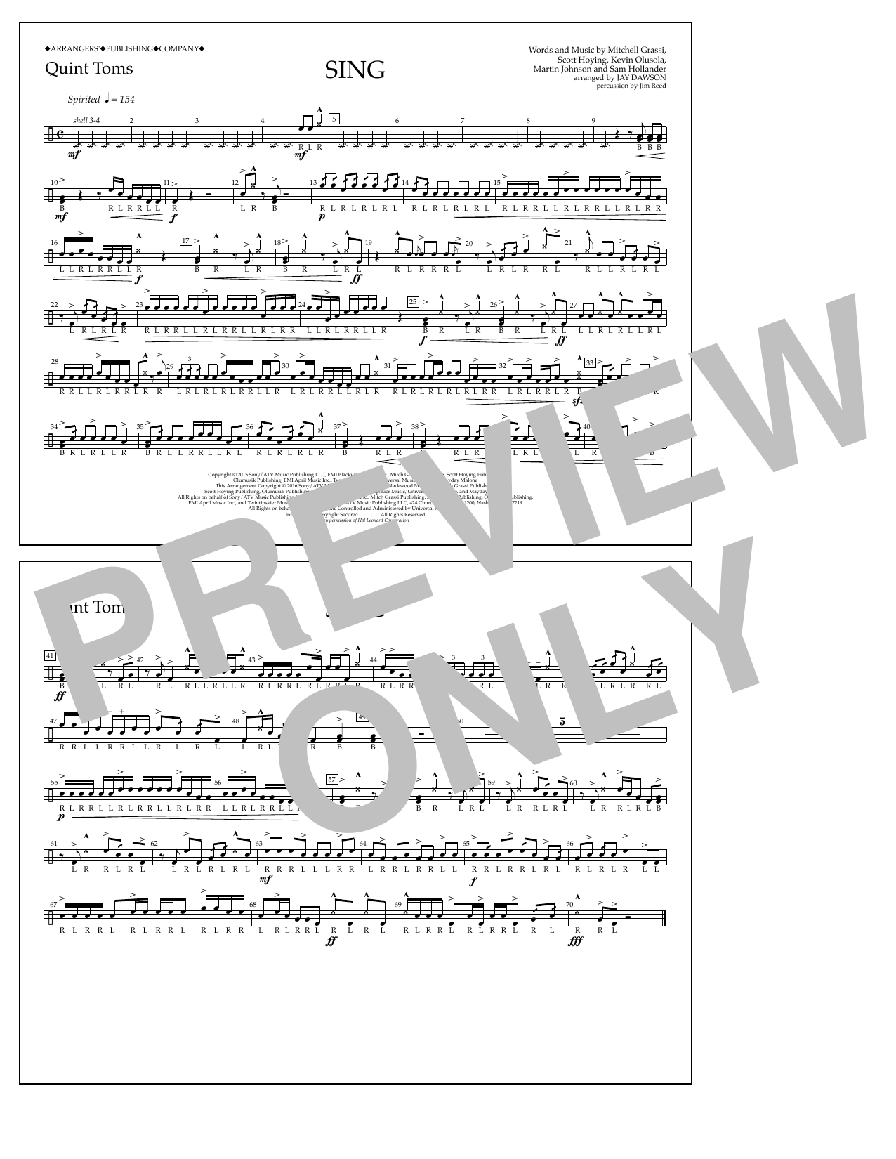 Jay Dawson Sing - Quint-Toms sheet music notes and chords. Download Printable PDF.