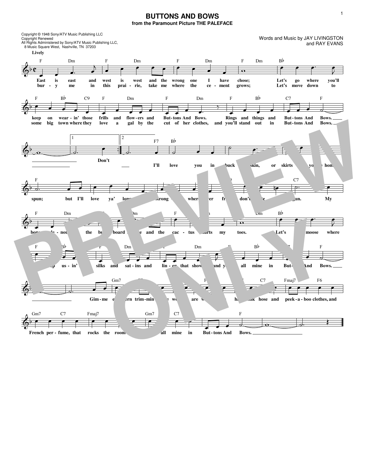 Jay Livingston Buttons And Bows sheet music notes and chords. Download Printable PDF.